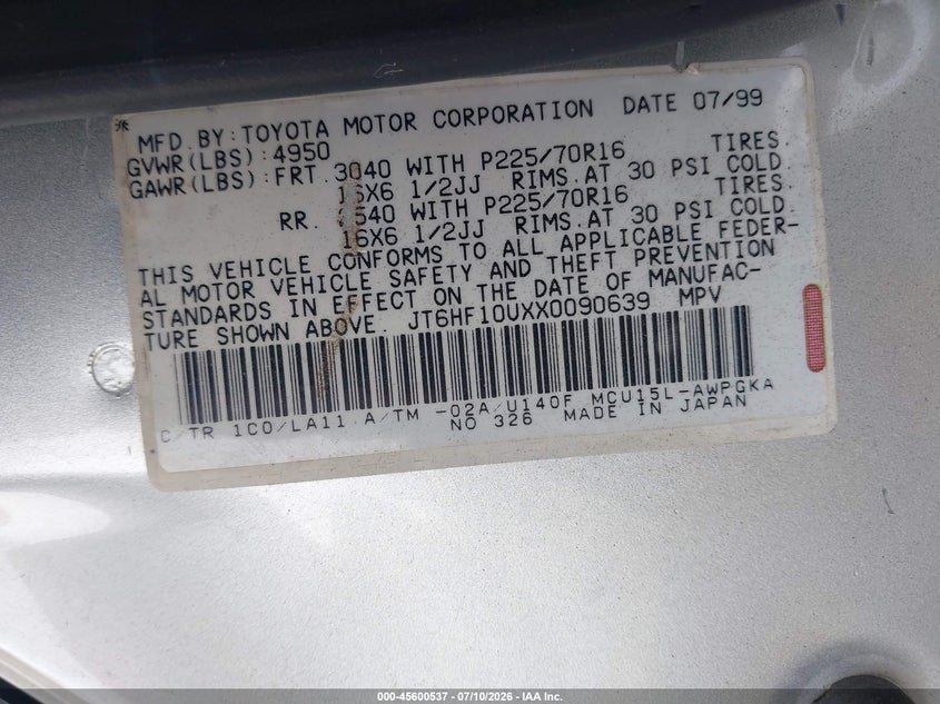 1999 Lexus Rx 300 VIN JT6HF10UXX0090639 IAAI salvage auction — NORMAL WEAR, Clear (Illinois), sold $375 on 2026-07-29 (photo 9)