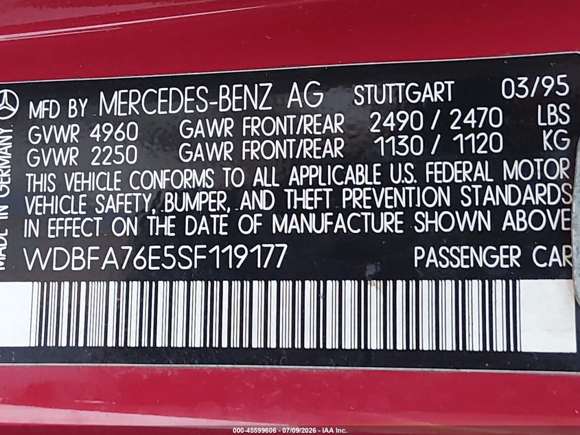 1995 Mercedes-benz Sl-class VIN WDBFA76E5SF119177 IAAI salvage auction — NORMAL WEAR, Clear (Florida), sold $9,200 on 2026-07-28 (photo 9)