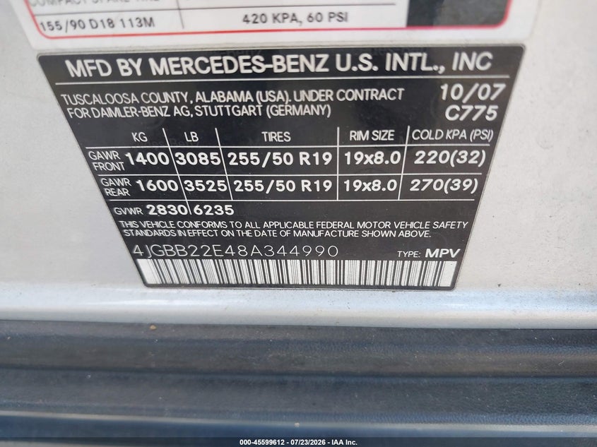 2008 Mercedes-benz M-klasse VIN 4JGBB22E48A344990 IAAI salvage auction — REAR END, Rebuildable (Florida), sold $775 on 2026-07-31 (photo 9)