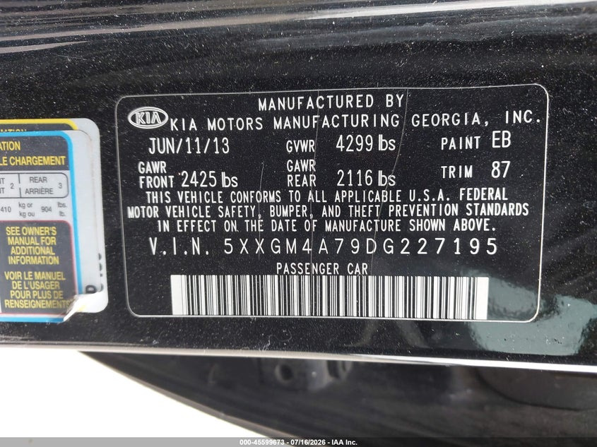 2013 Kia Optima VIN 5XXGM4A79DG227195 IAAI salvage auction — NORMAL WEAR, Clear (Illinois), sold $400 on 2026-07-29 (photo 9)