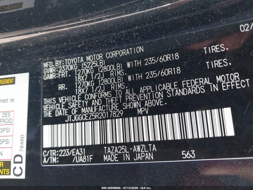 2024 Lexus Nx VIN JTJGGCEZ5R2017829 IAAI salvage auction — SIDE, Salvage - 75% Or Less (Maryland), sold $15,200 on 2026-07-30 (photo 9)