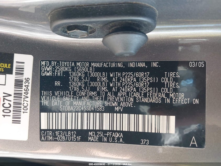 2005 Toyota Sienna VIN 5TDBA22C45S041583 IAAI salvage auction — NORMAL WEAR, Clear (Massachusetts), sold $625 on 2026-07-21 (photo 9)