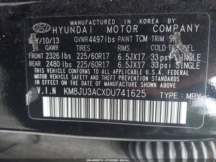 2013 Hyundai Tucson VIN KM8JU3ACXDU741625 IAAI salvage auction — NORMAL WEAR, Salvage Title, sold $1,225 on 2026-07-18 (photo 9)