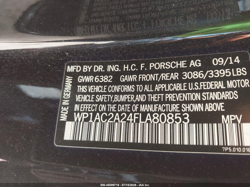 2015 Porsche Cayenne VIN WP1AC2A24FLA80853 IAAI salvage auction — FRONT END, Salvage (North Carolina), sold $6,600 on 2026-07-26 (photo 9)