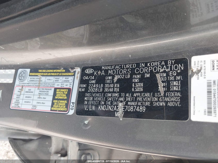2014 Kia Soul VIN KNDJN2A27E7087489 IAAI salvage auction — REAR END, Salvage (Texas), sold $25 on 2026-07-23 (photo 9)