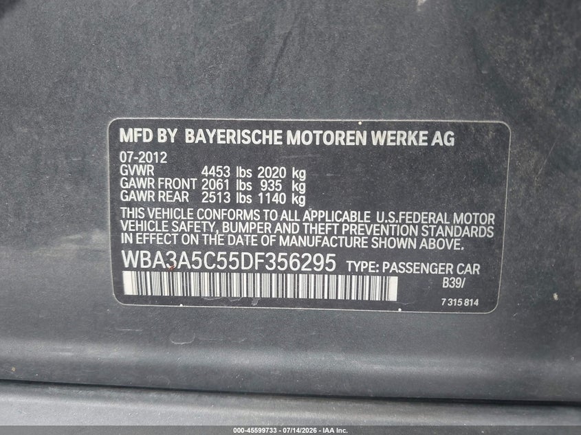 2013 BMW 3er VIN WBA3A5C55DF356295 IAAI salvage auction — RIGHT SIDE, Salvage Title, sold $425 on 2026-08-03 (photo 9)