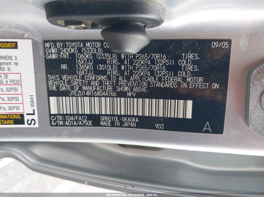2006 Toyota 4runner VIN JTEZU14R168044766 IAAI salvage auction — NORMAL WEAR, Salvage (California), sold $2,050 on 2026-07-28 (photo 9)