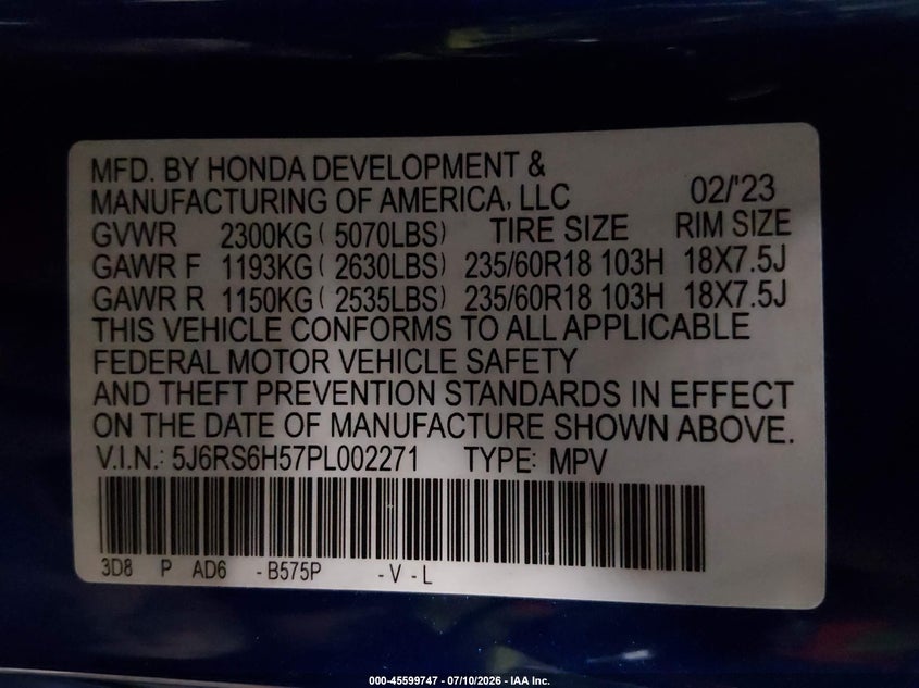 2023 Honda Cr-v VIN 5J6RS6H57PL002271 IAAI salvage auction — FRONT END, Salvage Title, sold $9,200 on 2026-08-01 (photo 9)