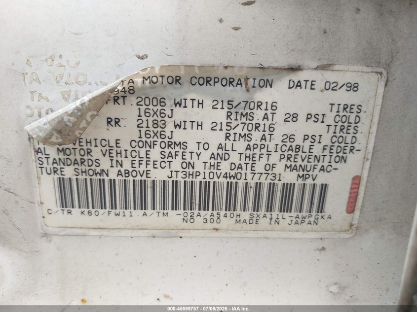 1998 Toyota Rav4 VIN JT3HP10V4W0177731 IAAI salvage auction — NORMAL WEAR, Clear (Maryland), sold $700 on 2026-07-16 (photo 9)