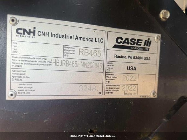 2022 Case Rb465 baler VIN HBJRB465HNN208845 IAAI salvage auction — UNKNOWN, Bill Of Sale (Texas), sold $25 on 2026-07-22 (photo 5)
