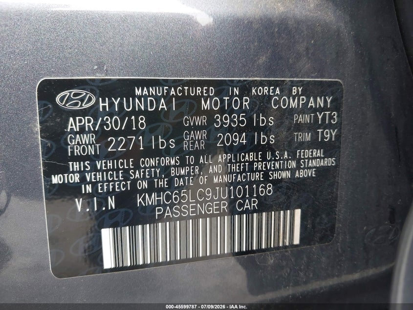 2018 Hyundai Ioniq hybrid VIN KMHC65LC9JU101168 IAAI salvage auction — NORMAL WEAR, Sf97 (New York), sold $11,300 on 2026-07-23 (photo 9)