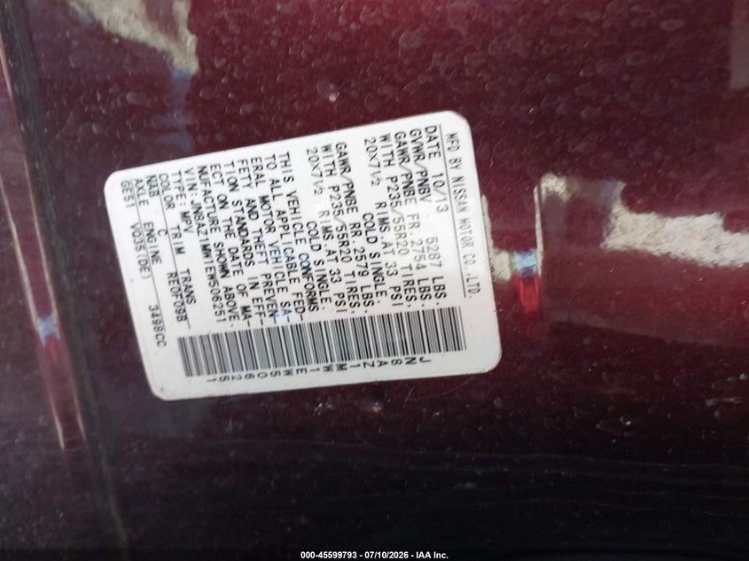 2014 Nissan Murano VIN JN8AZ1MW1EW506251 IAAI salvage auction — RIGHT SIDE, Salvage Title, sold $925 on 2026-07-23 (photo 9)