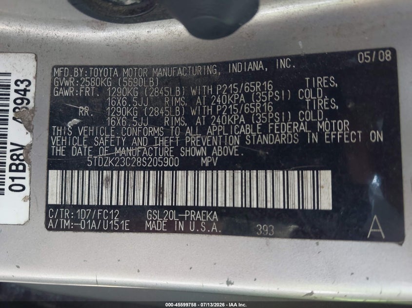 2008 Toyota Sienna VIN 5TDZK23C28S205900 IAAI salvage auction — LEFT FRONT, Rebuildable (Florida), sold $350 on 2026-07-29 (photo 9)