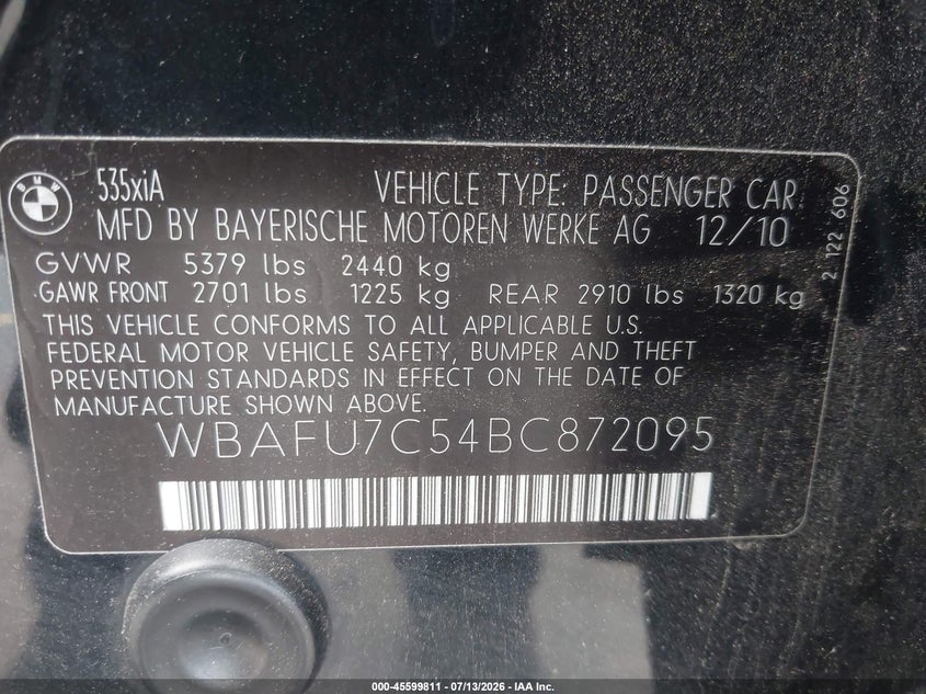 2011 BMW 5 series VIN WBAFU7C54BC872095 IAAI salvage auction — FRONT END, Salvage (Connecticut), sold $1,400 on 2026-07-30 (photo 9)