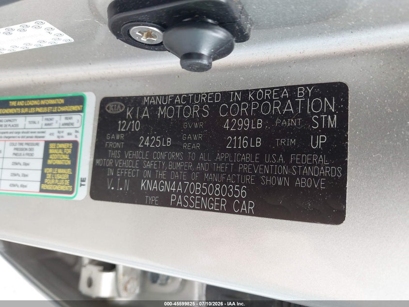 2011 Kia Optima VIN KNAGN4A70B5080356 IAAI salvage auction — NORMAL WEAR, Clear (Virginia), sold $375 on 2026-07-28 (photo 9)