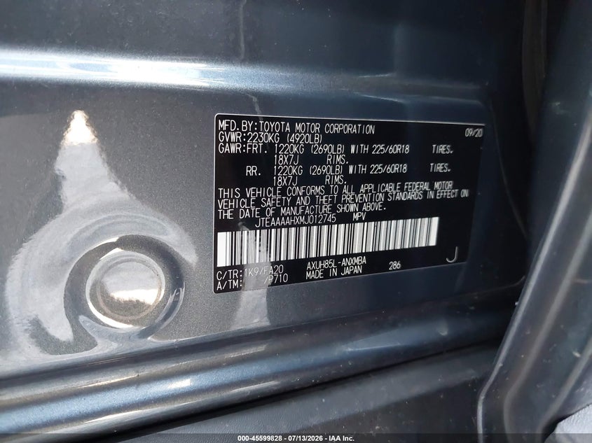 2021 Toyota Venza VIN JTEAAAAHXMJ012745 IAAI salvage auction — FRONT & REAR, Salvage (Pennsylvania), sold $25 on 2026-07-24 (photo 9)