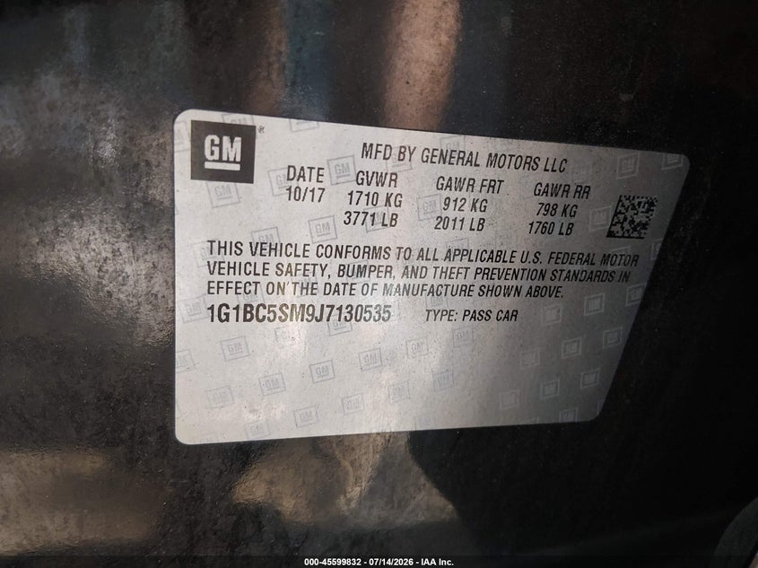 2018 Chevrolet Cruze VIN 1G1BC5SM9J7130535 IAAI salvage auction — FRONT END, Clear (Virginia), sold $800 on 2026-07-31 (photo 9)