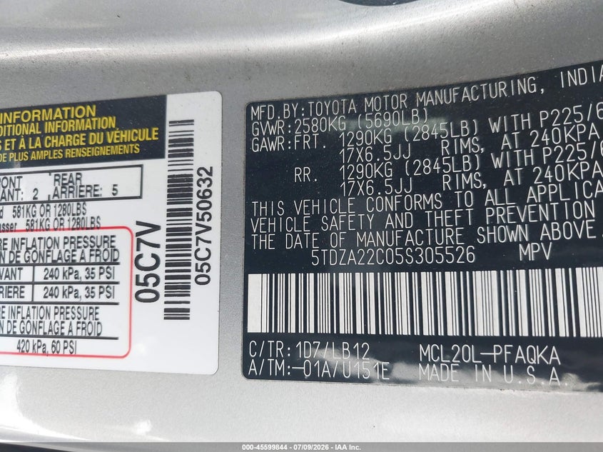 2005 Toyota Sienna VIN 5TDZA22C05S305526 IAAI salvage auction — NORMAL WEAR, Clear - Dealer Only (California), sold $1,000 on 2026-07-29 (photo 9)