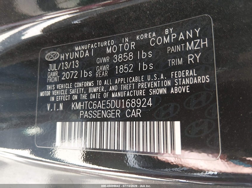 2013 Hyundai Veloster VIN KMHTC6AE5DU168924 IAAI salvage auction — NORMAL WEAR, Original (Texas), sold $225 on 2026-07-28 (photo 9)