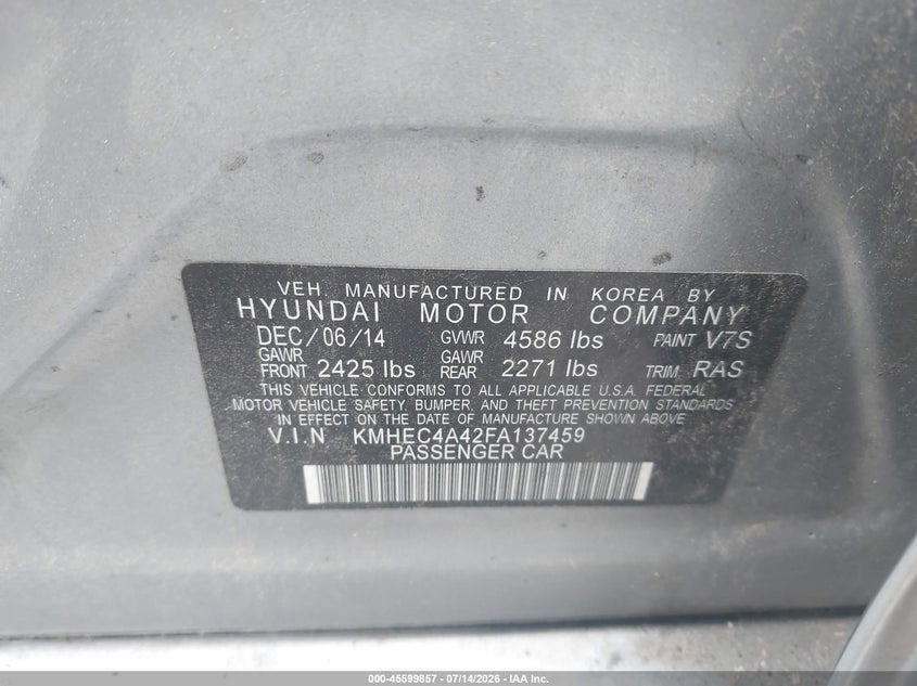 2015 Hyundai Sonata hybrid VIN KMHEC4A42FA137459 IAAI salvage auction — NORMAL WEAR, Clear-Dealer Only (North Carolina), sold $450 on 2026-07-29 (photo 9)