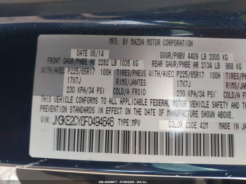 2015 Mazda Cx-5 VIN JM3KE2CY6F0494646 IAAI salvage auction — NORMAL WEAR, Salvage Title, sold $2,300 on 2026-07-17 (photo 9)
