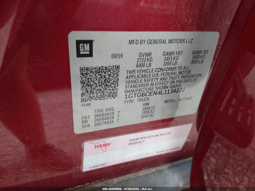 2020 Gmc Canyon VIN 1GTG6CEN4L1134222 IAAI salvage auction — HAIL, Clear (Missouri), sold $10,550 on 2026-07-20 (photo 9)