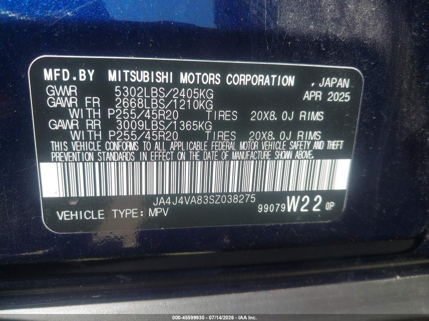 2025 Mitsubishi Outlander VIN JA4J4VA83SZ038275 IAAI salvage auction — FRONT END, Salvage Title, sold $16,600 on 2026-07-28 (photo 9)
