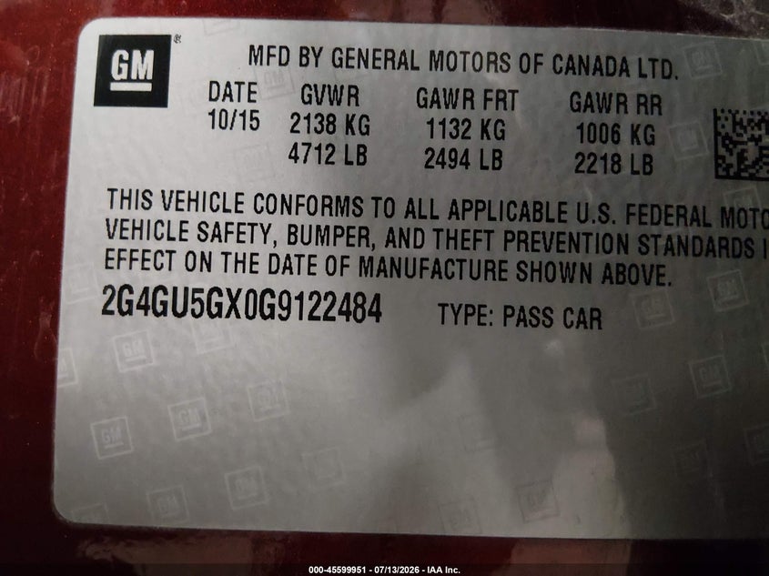 2016 Buick Regal VIN 2G4GU5GX0G9122484 IAAI salvage auction — RIGHT FRONT, Salvage (Iowa), sold $4,050 on 2026-08-25 (photo 9)