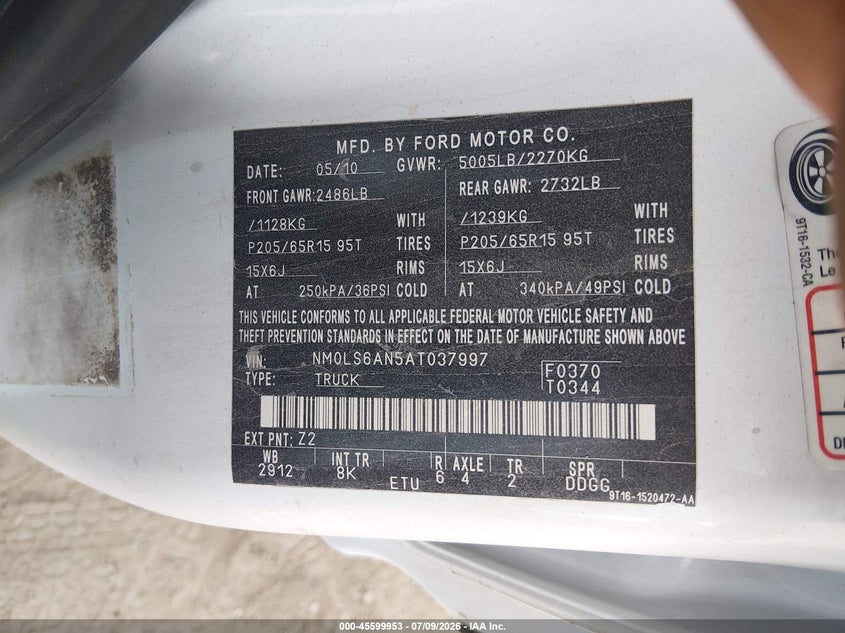 2010 Ford Transit connect VIN NM0LS6AN5AT037997 IAAI salvage auction — UNKNOWN, Clear (Tennessee), sold $425 on 2026-07-22 (photo 9)