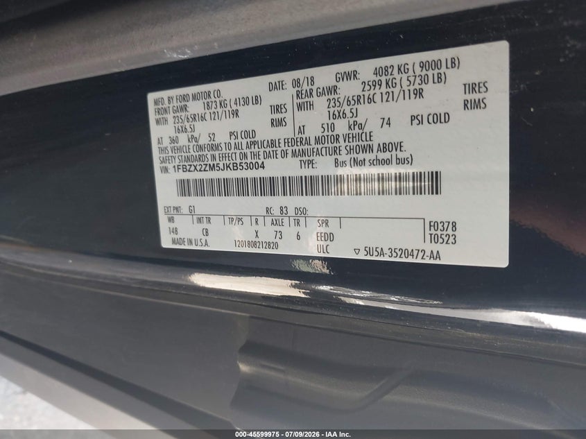 2018 Ford Transit-350 VIN 1FBZX2ZM5JKB53004 IAAI salvage auction — NORMAL WEAR, SF97 (Rhode Island), sold $16,875 on 2026-07-31 (photo 9)