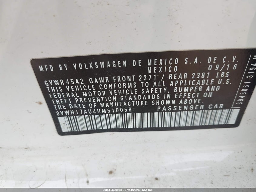 2017 Volkswagen Golf VIN 3VWH17AU4HM510058 IAAI salvage auction — LEFT FRONT, Salvage Title, sold $1,100 on 2026-07-25 (photo 9)