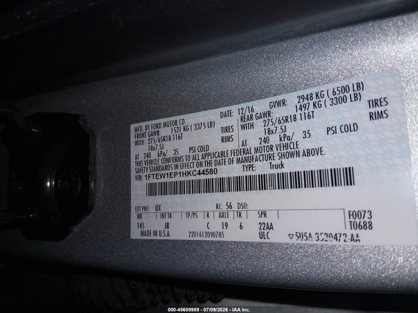 2017 Ford F-150 VIN 1FTEW1EP1HKC44580 IAAI salvage auction — LEFT FRONT, Salvage Title, sold $6,100 on 2026-07-31 (photo 9)