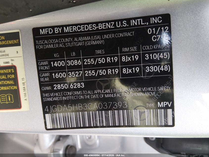 2012 Mercedes-benz M-klasse VIN 4JGDA5HB3CA037393 IAAI salvage auction — SIDE, Salvage (Arizona), sold $3,300 on 2026-07-25 (photo 9)