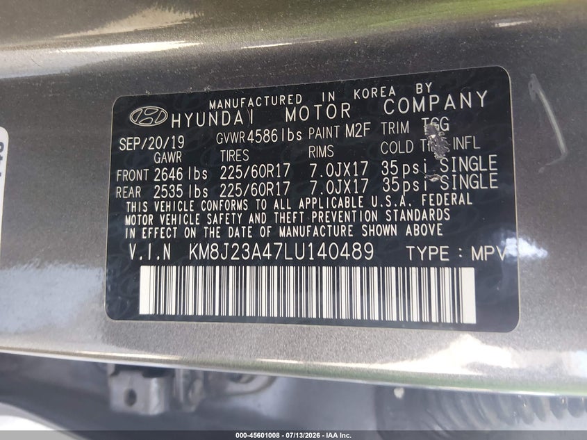 2020 Hyundai Tucson VIN KM8J23A47LU140489 IAAI salvage auction — UNKNOWN, Salvage - Greater Than 75% (Maryland), sold $3,800 on 2026-07-30 (photo 9)
