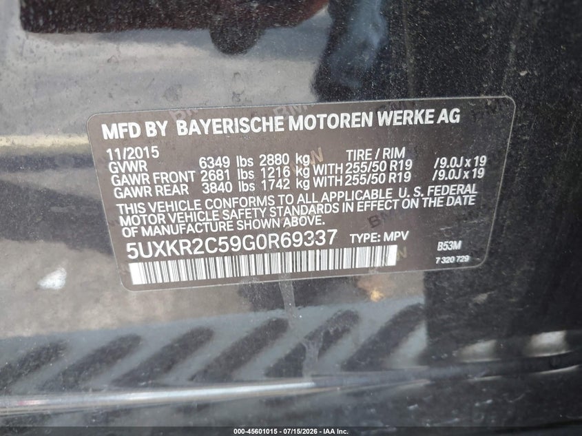 2016 BMW X5 VIN 5UXKR2C59G0R69337 IAAI salvage auction — THEFT, Salvage Title, sold $25 on 2026-07-30 (photo 9)