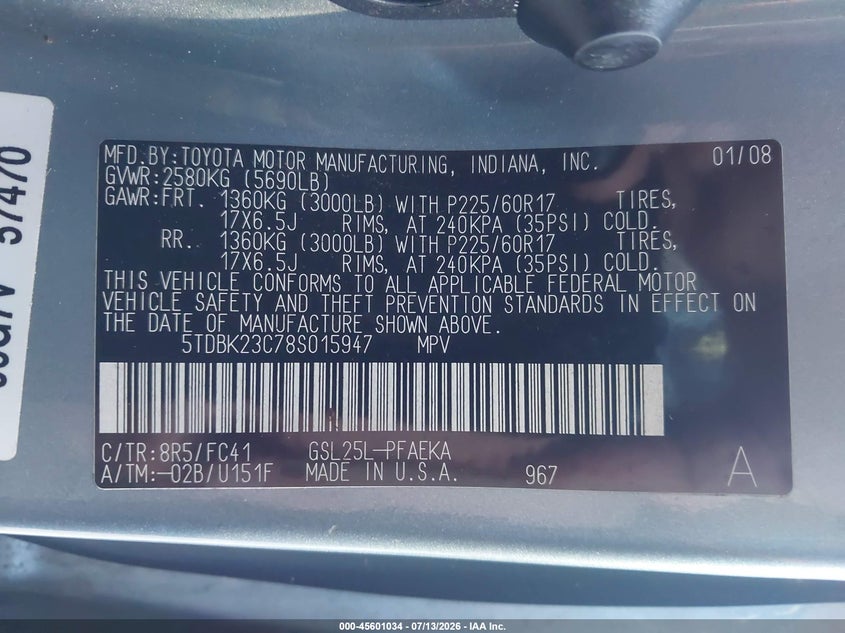 2008 Toyota Sienna VIN 5TDBK23C78S015947 IAAI salvage auction — NORMAL WEAR, Clear (Pennsylvania), sold $1,275 on 2026-07-28 (photo 9)