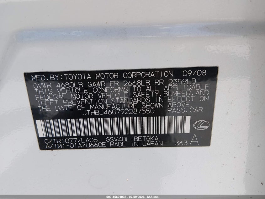 2009 Lexus Es 350 VIN JTHBJ46G792287550 IAAI salvage auction — NORMAL WEAR, Original (Texas), sold $1,100 on 2026-07-28 (photo 9)
