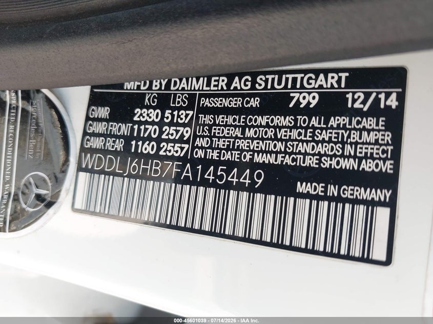 2015 Mercedes-benz Clc-klasse VIN WDDLJ6HB7FA145449 IAAI salvage auction — FRONT END, Salvage - Greater Than 75% (Maryland), sold $2,500 on 2026-08-18 (photo 9)