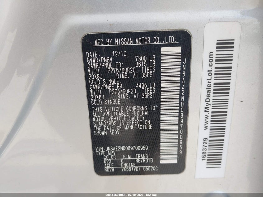 2011 Infiniti Qx56 VIN JN8AZ2ND0B9700959 IAAI salvage auction — NORMAL WEAR, Original (Texas), sold $1,125 on 2026-07-29 (photo 9)
