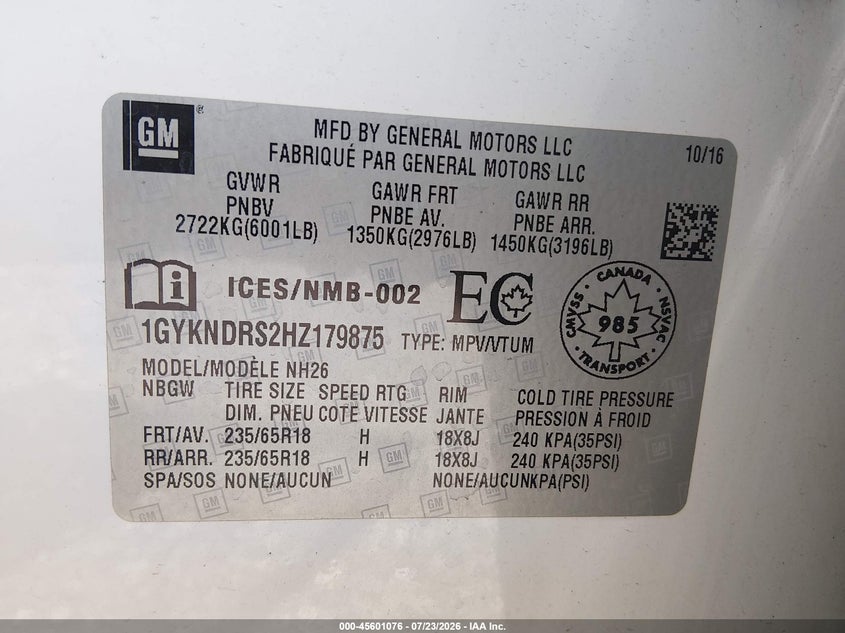 2017 Cadillac Xt5 VIN 1GYKNDRS2HZ179875 IAAI salvage auction — REAR END, Salvage (Ohio), sold $3,300 on 2026-07-31 (photo 9)