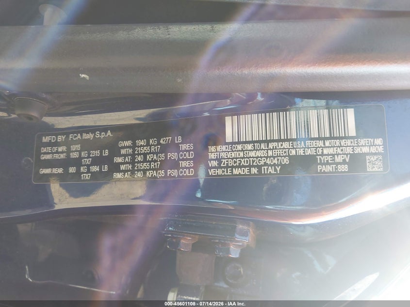 2016 Fiat 500x VIN ZFBCFXDT2GP404706 IAAI salvage auction — FRONT END, Salvage (Pennsylvania), sold $325 on 2026-08-08 (photo 9)
