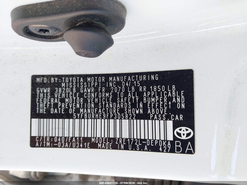 2015 Toyota Corolla VIN 5YFBURHE9FP305822 IAAI salvage auction — REAR END, Duplicate Paperwork (California), sold $4,200 on 2026-07-29 (photo 9)