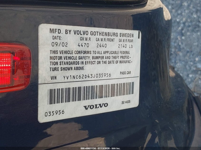 2003 Volvo C70 VIN YV1NC62D43J035956 IAAI salvage auction — RIGHT FRONT, Clear (Maryland), sold $225 on 2026-07-30 (photo 9)