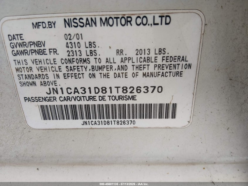2001 Nissan Maxima VIN JN1CA31D81T826370 IAAI salvage auction — NORMAL WEAR, Clear (South Carolina), sold $225 on 2026-07-22 (photo 9)