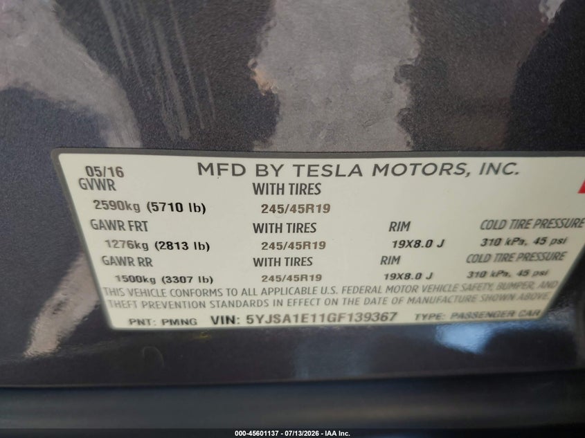 2016 Tesla Model s VIN 5YJSA1E11GF139367 IAAI salvage auction — NORMAL WEAR, Clear (Maryland), sold $4,125 on 2026-07-29 (photo 9)