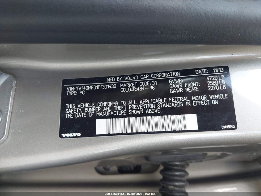 2015 Volvo S60 VIN YV140MFD1F1301439 IAAI salvage auction — NORMAL WEAR, Salvage Title, sold $1,300 on 2026-07-22 (photo 9)