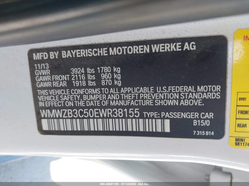 2014 Mini Countryman VIN WMWZB3C50EWR38155 IAAI salvage auction — RIGHT SIDE, Clear - Dealer Only (California), sold $1,050 on 2026-08-04 (photo 9)