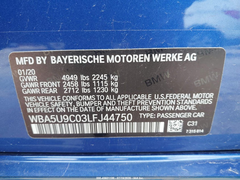 2020 BMW 3er VIN WBA5U9C03LFJ44750 IAAI salvage auction — FRONT END, Salvage Title, sold $11,100 on 2026-08-30 (photo 9)