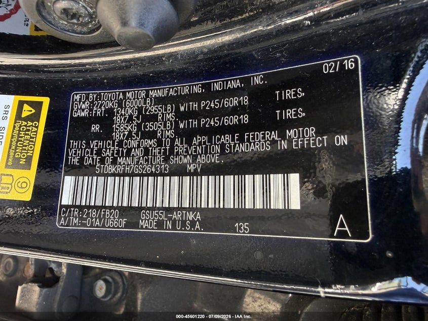 2016 Toyota Highlander VIN 5TDBKRFH7GS264313 IAAI salvage auction — SIDE, Salvage Title, sold $2,700 on 2026-07-18 (photo 9)