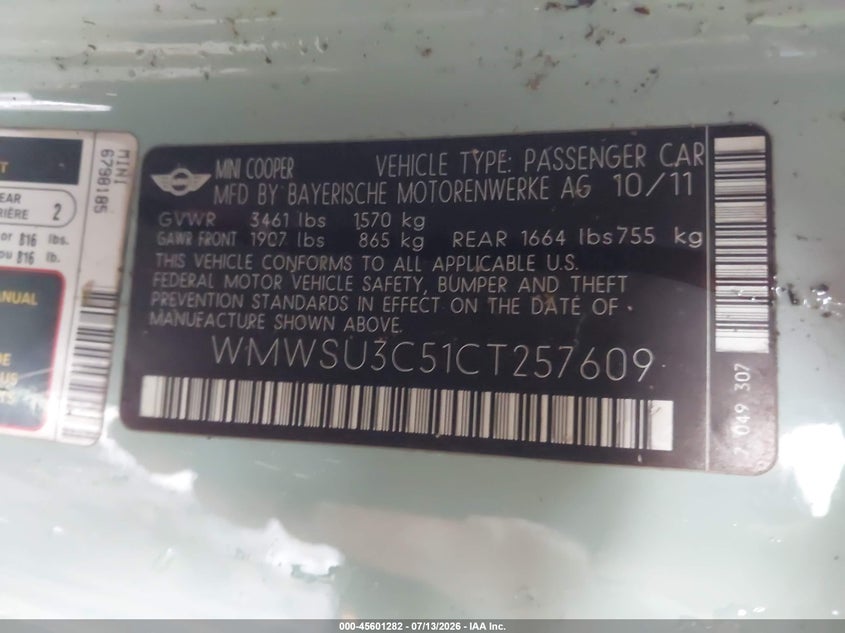 2012 Mini Cooper VIN WMWSU3C51CT257609 IAAI salvage auction — NORMAL WEAR, Clear (Louisiana), sold $675 on 2026-07-28 (photo 9)